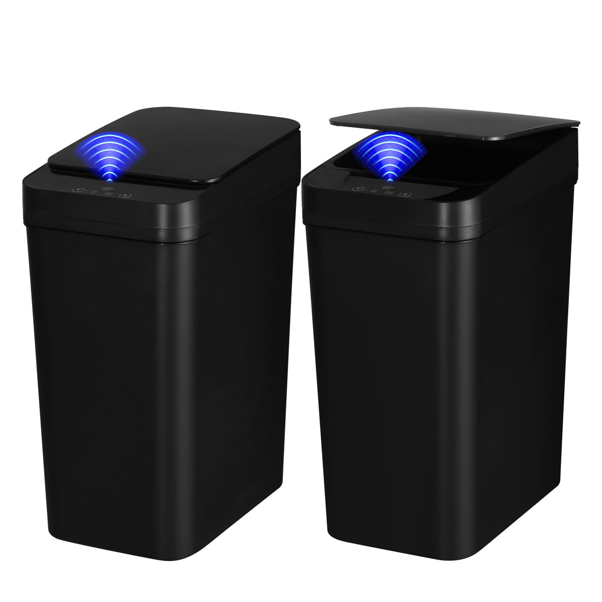 QSFWCSM front view of two black sensor trash cans, convenient dual set