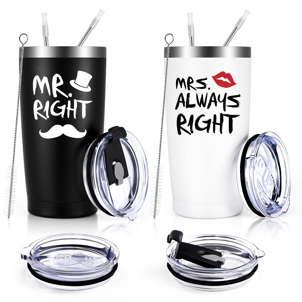 Qtencas front view of Mr. Right and Mrs. Always Right tumblers showing matching design and gift appeal
