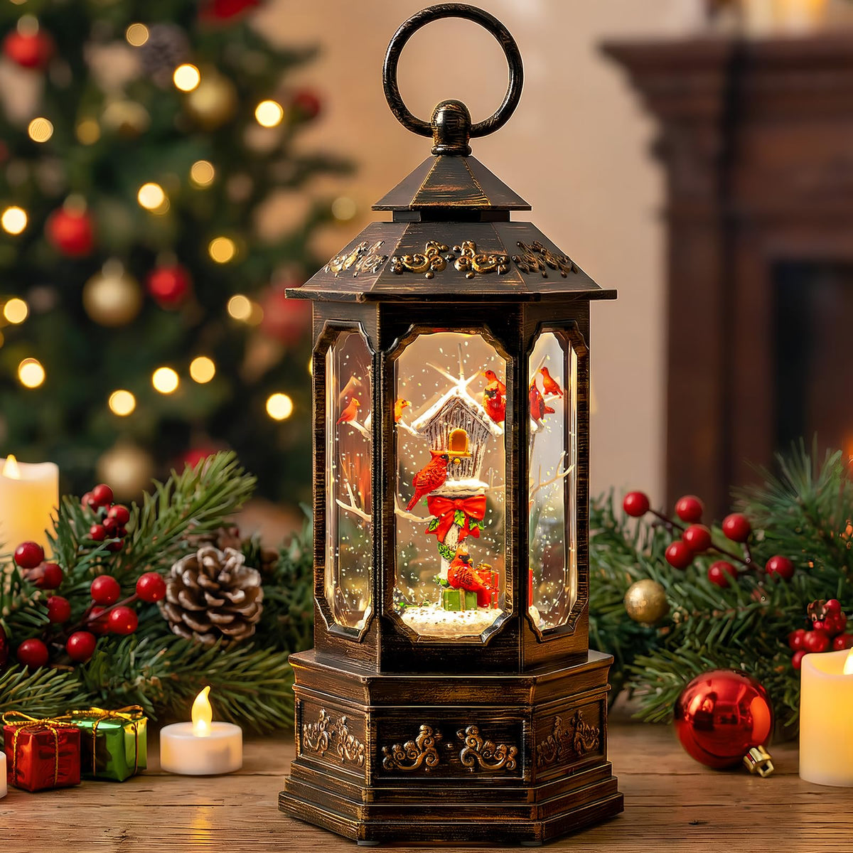 Qualdout front view showing cardinal birdhouse and warm LED glow for festive ambiance