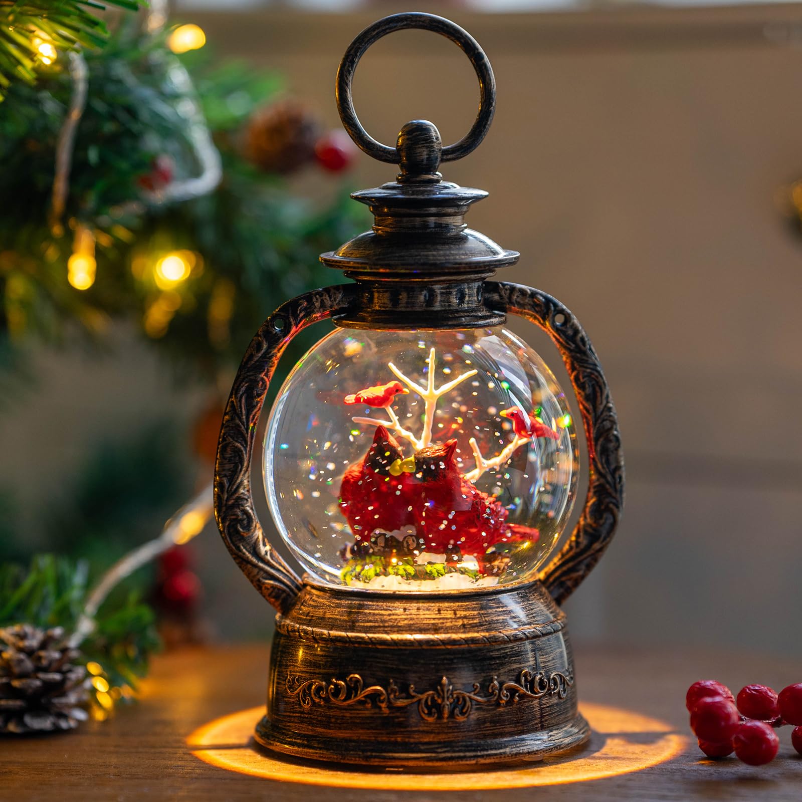 Qualdout front view cardinal lantern displaying warm LED glow and festive charm