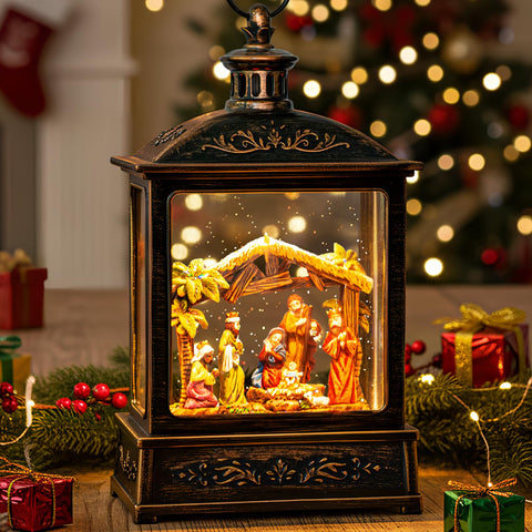 Qualdout front view globe showing nativity and warm glow for festive ambiance