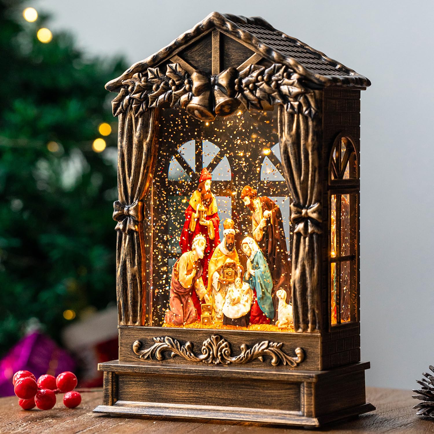 Qualdout front view of manger scene with warm LED highlighting figures