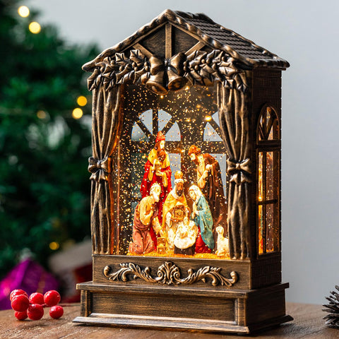 Qualdout front view of manger scene with warm LED highlighting figures