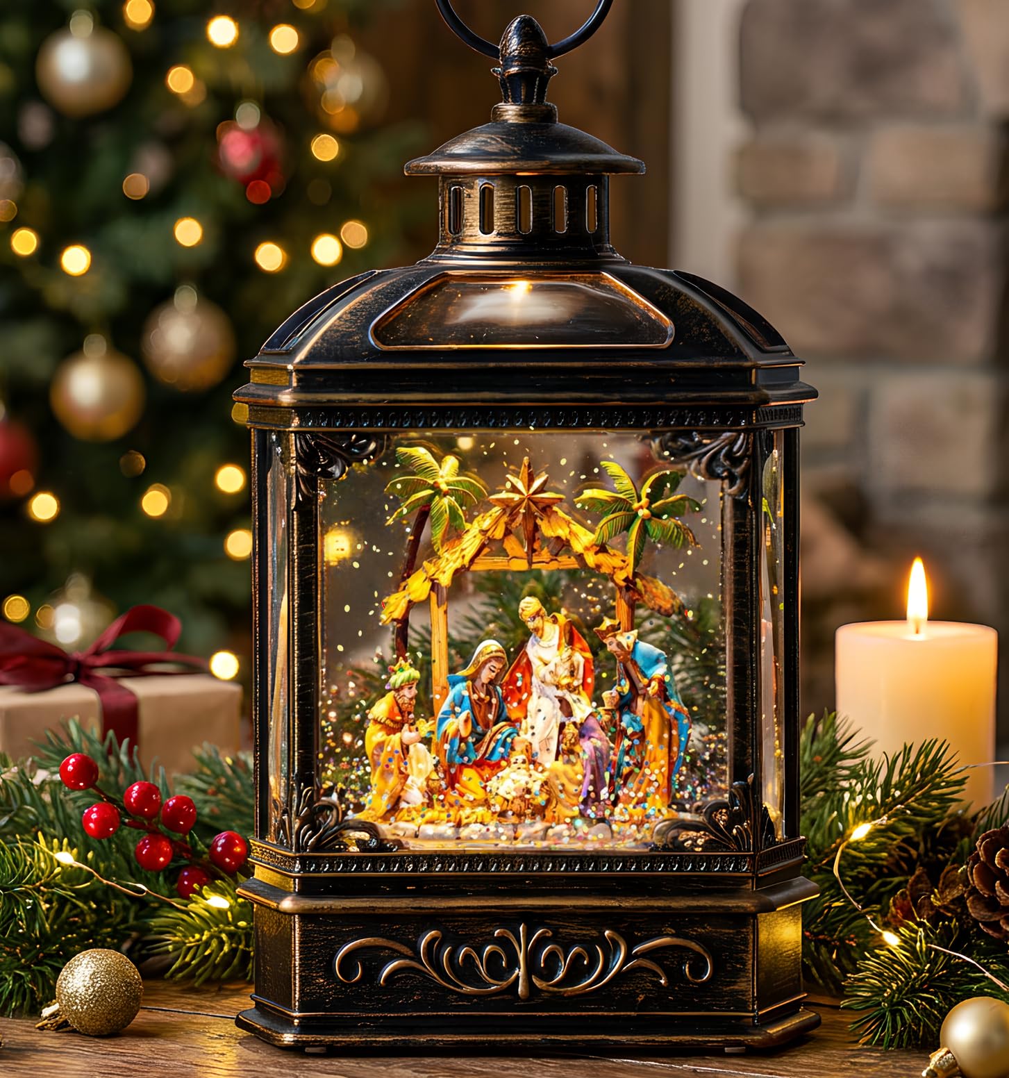 Qualdout front view nativity globe showing warm glow and festive charm