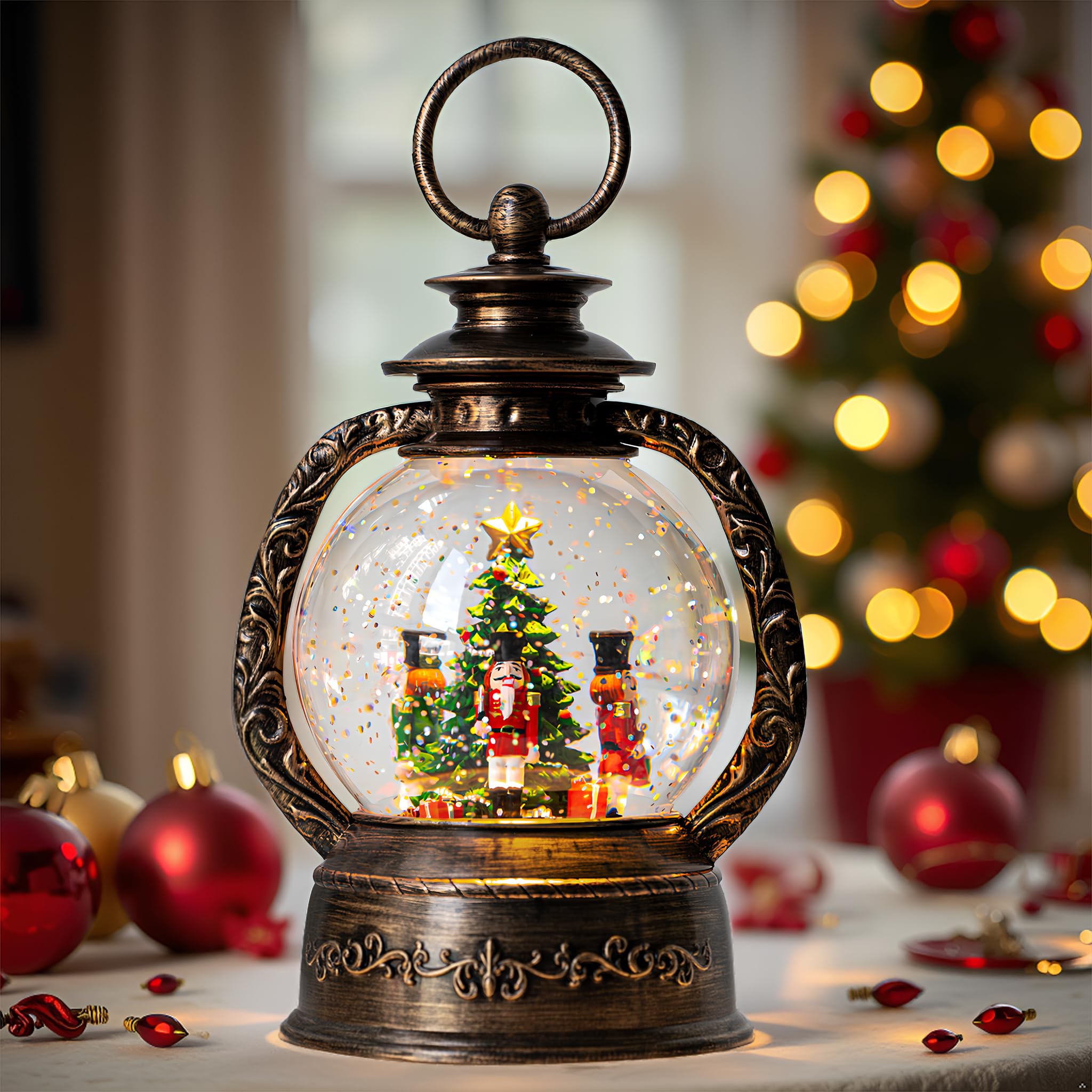 Qualdout front view of nutcracker lantern showing warm illumination and holiday scene
