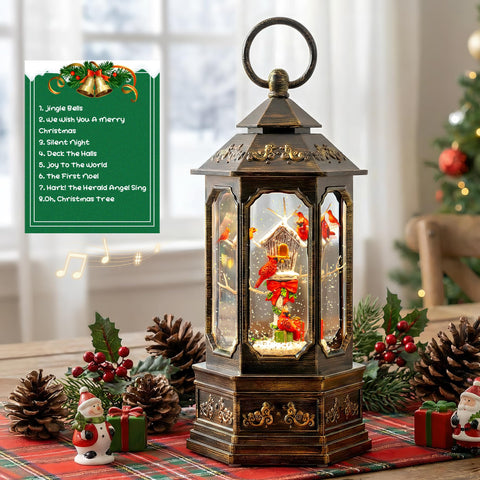 Qualdout globe with glitter mid-swirling showing animated snow effect and sparkle