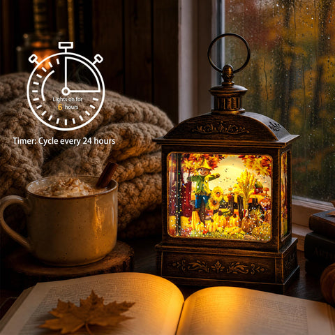 Qualdout lit globe with swirling glitter creating moving autumn sparkle and warmth