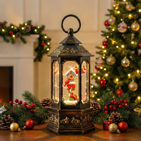 Qualdout lit at night creating cozy holiday atmosphere with soft music background