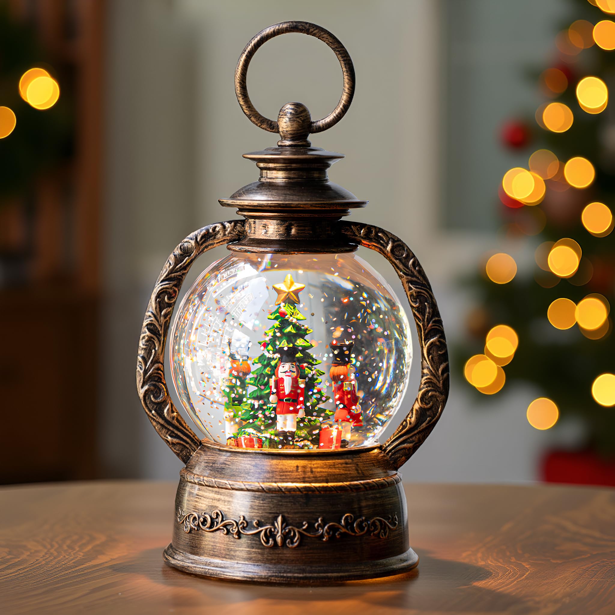 Qualdout on a mantel for scale showing compact size and festive placement