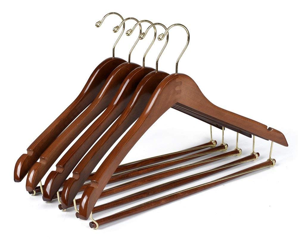 Quality Hangers front view of ten walnut finish hangers showing uniform set and polished look
