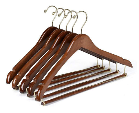 Quality Hangers front view of ten walnut finish hangers showing uniform set and polished look