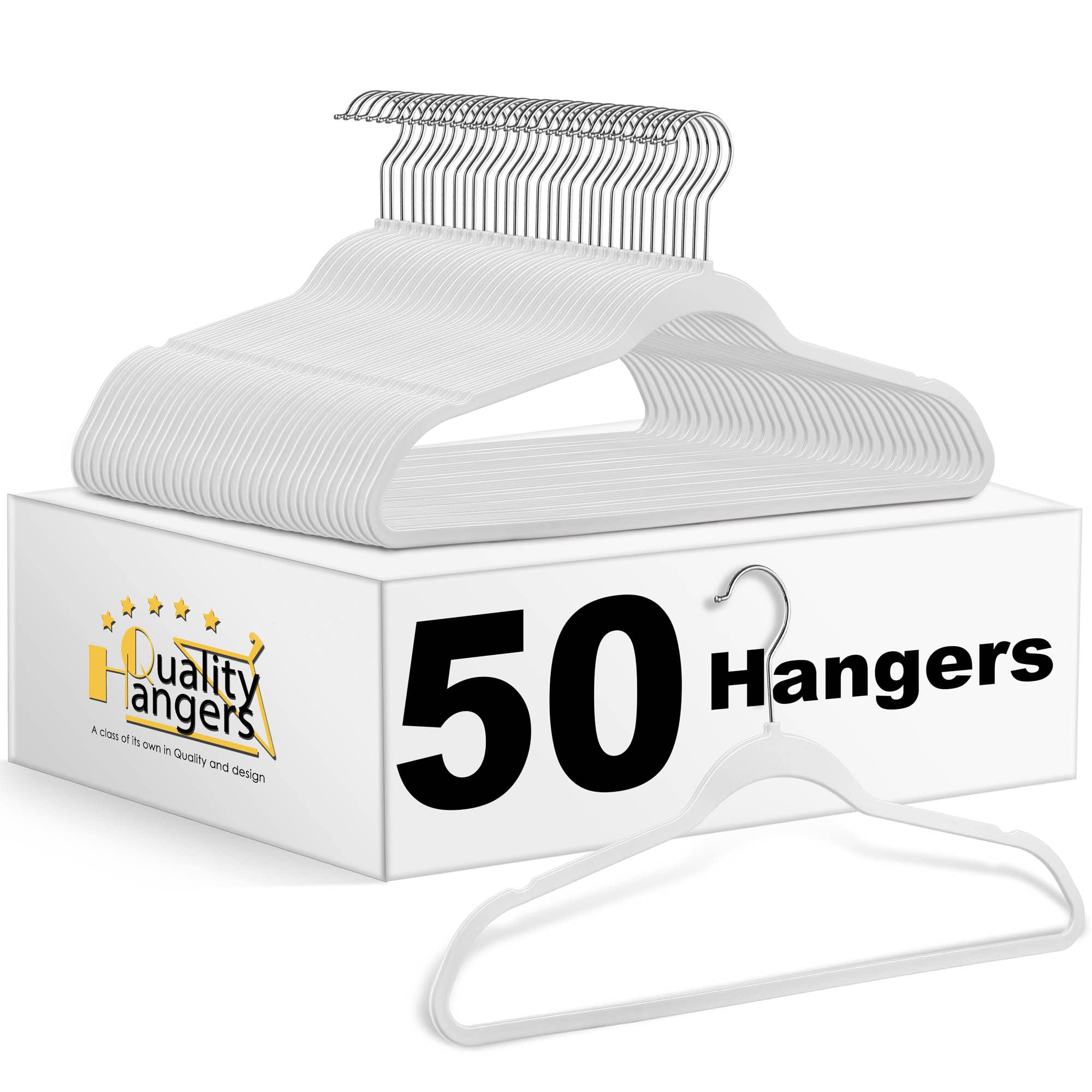 Quality Hangers front packaging showing 50 cream white hangers and neat stack benefit