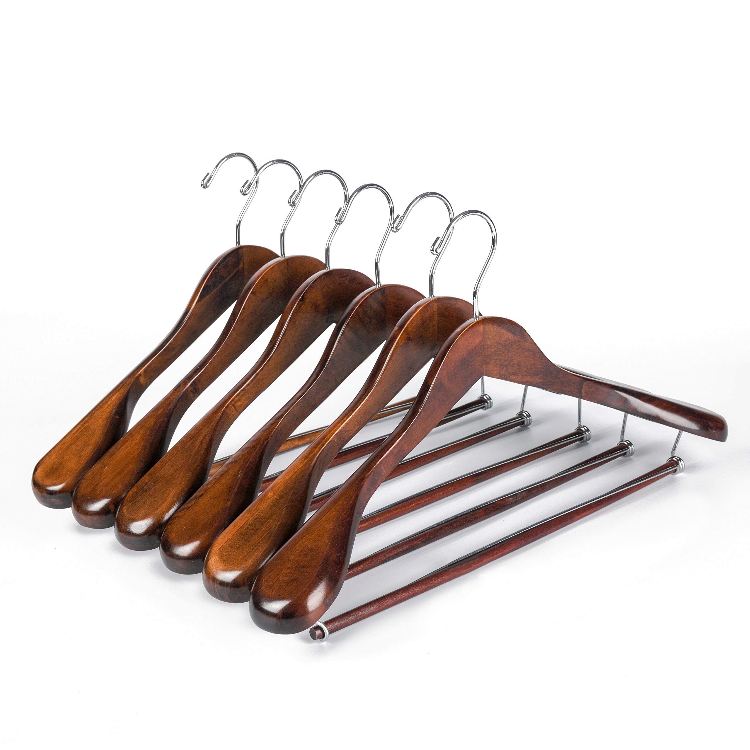 Quality Hangers front packaging showing six luxury wooden suit hangers and premium branding benefit