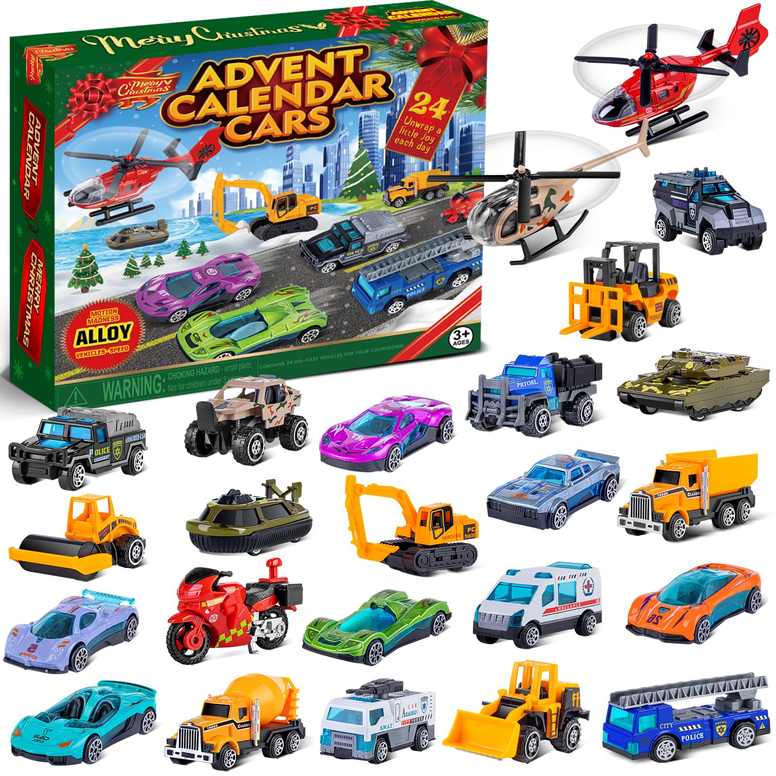 Quanquer front packaging showing the 24-day alloy cars calendar benefit: daily surprises