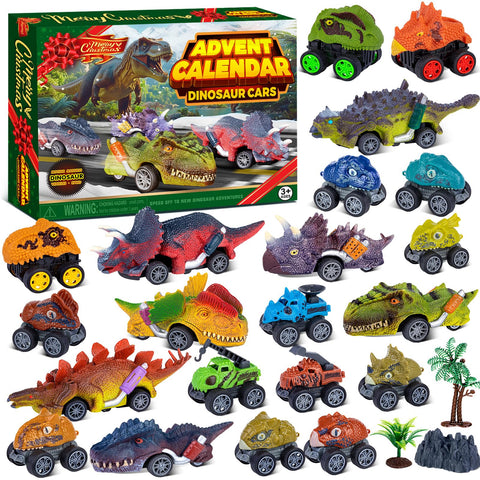 Quanquer front packaging showing 24-day dinosaur calendar and festive artwork, inspires excitement