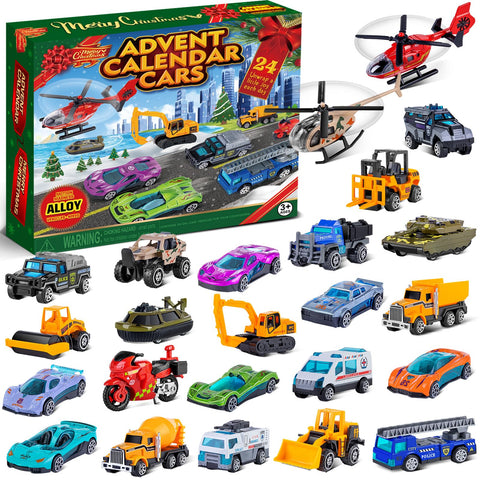 Quanquer front packaging showing the 24-day alloy cars calendar benefit: daily surprises