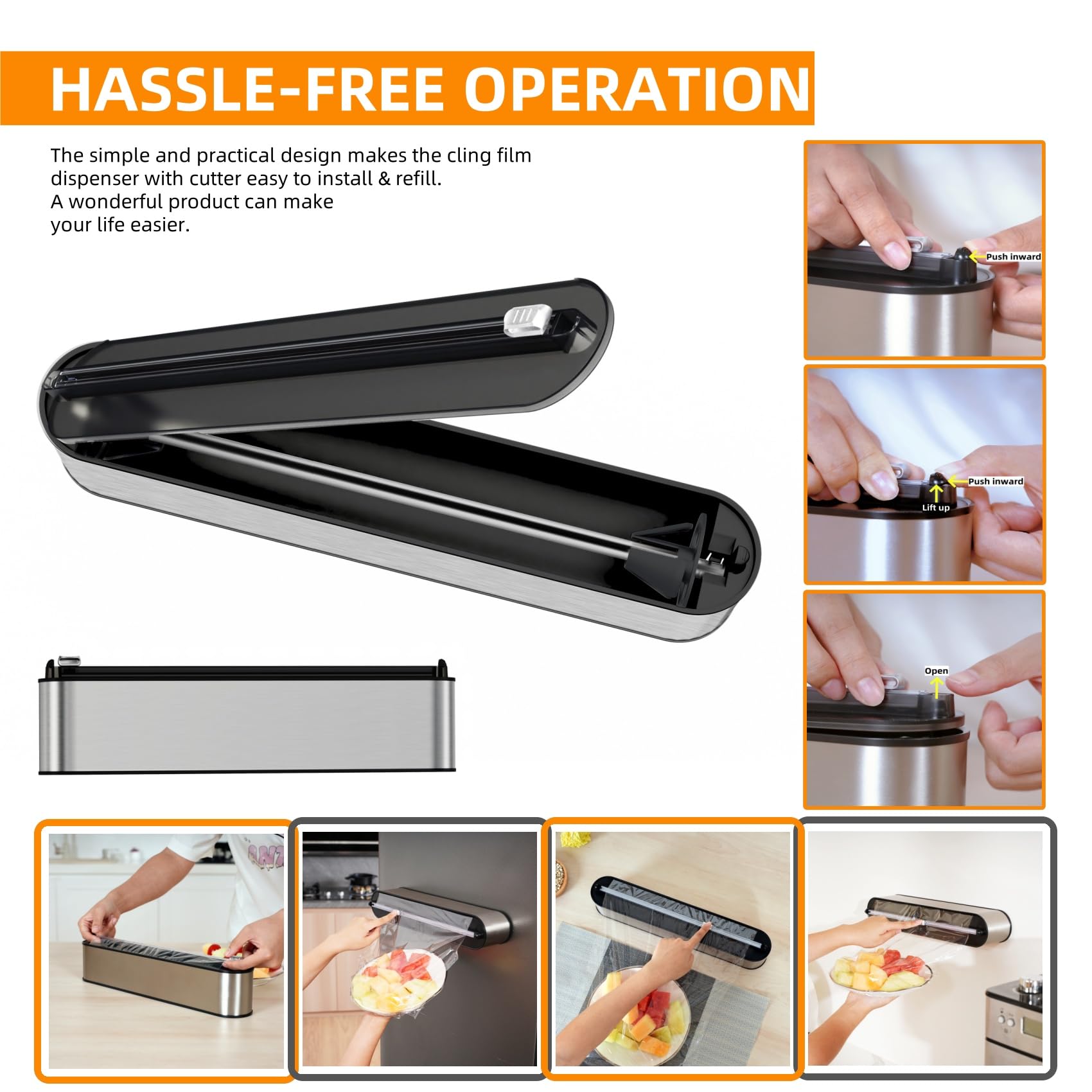 Quasziwa in use cutting cling film on counter for faster meal prep