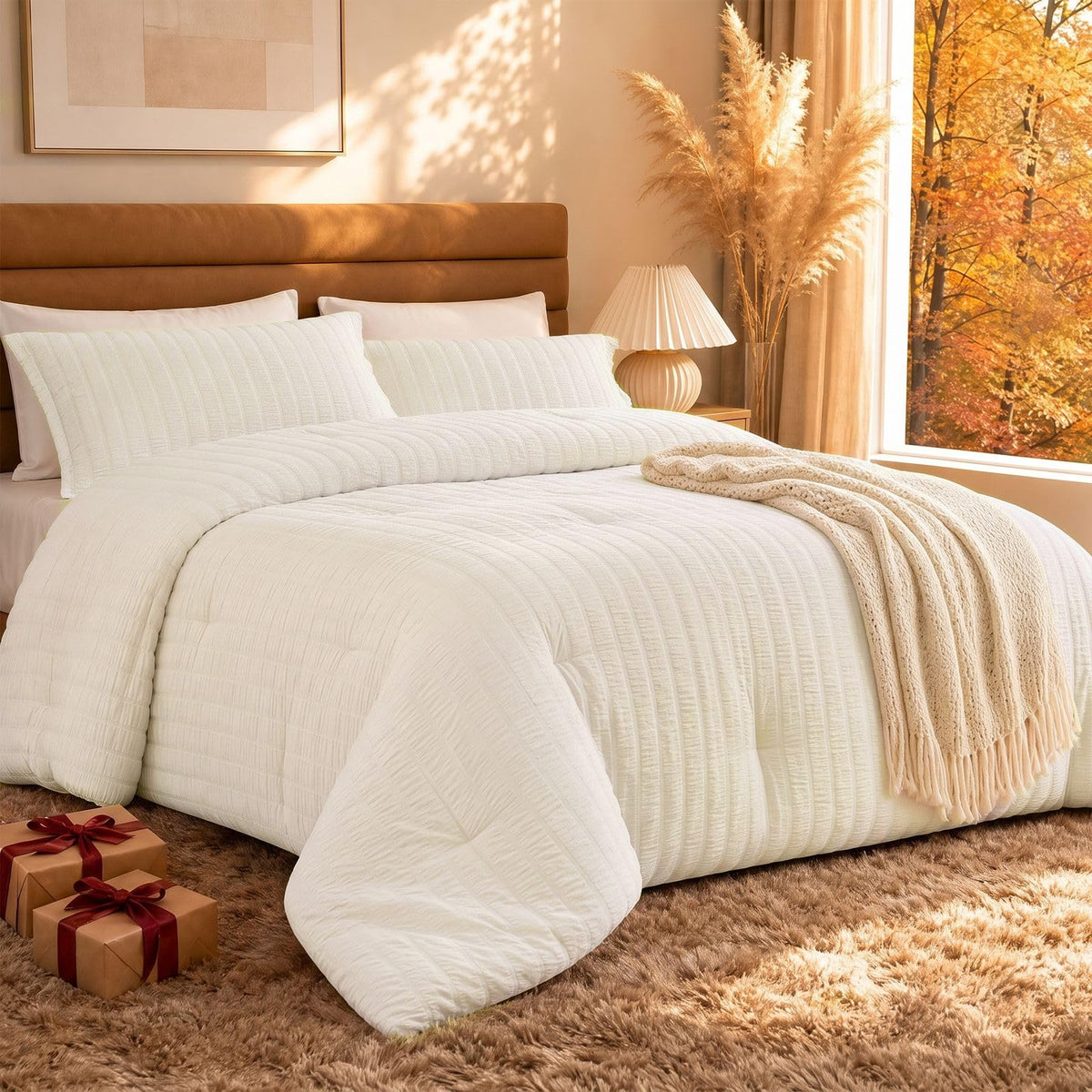 Quataly front view comforter on bed showing neutral beige and cozy appeal