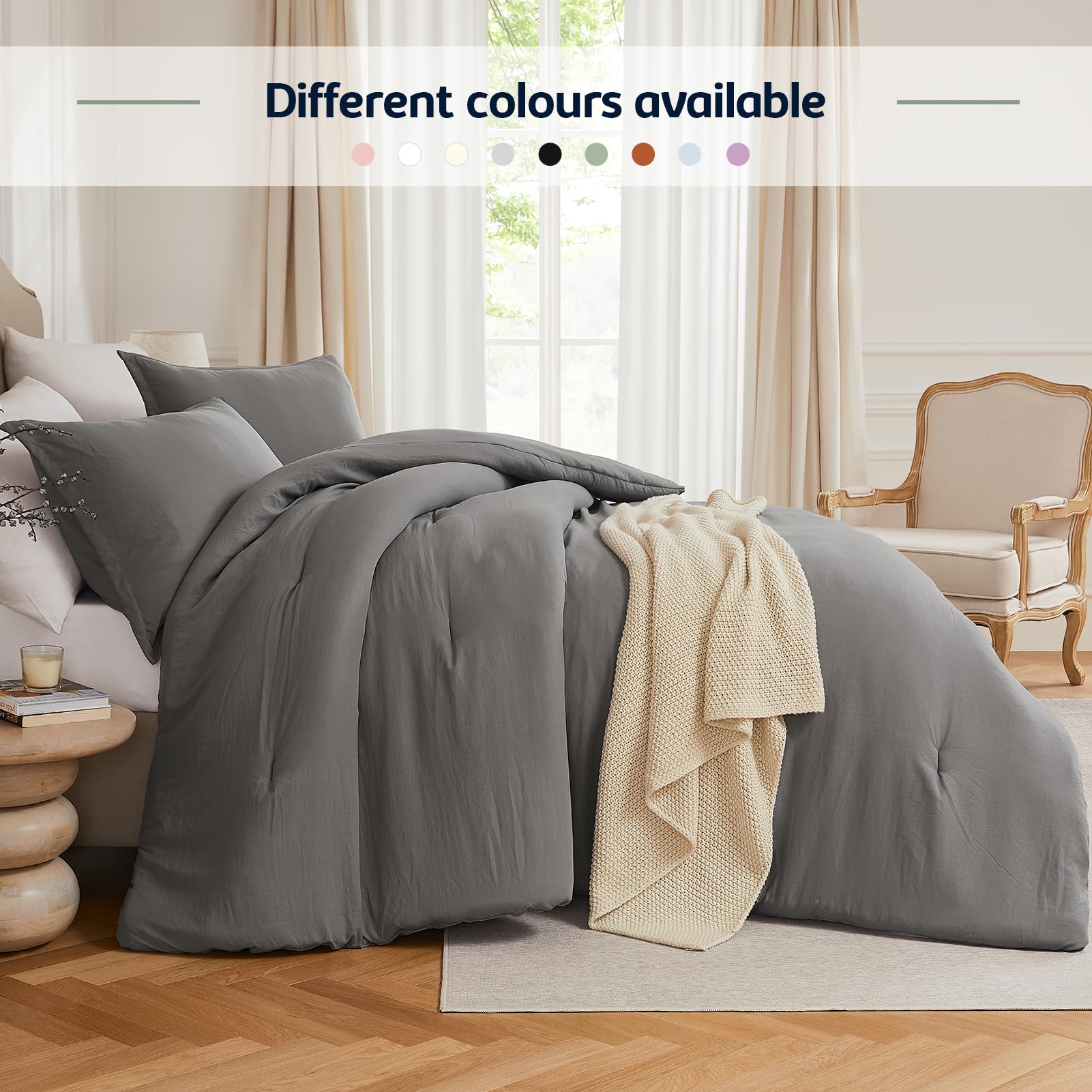 Quataly comforter styled in bedroom to convey casual boho warmth