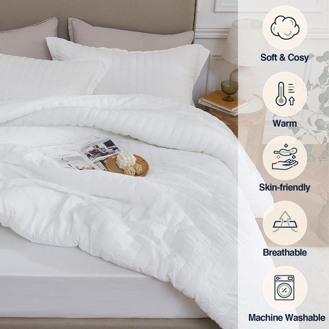 Quataly comforter on bed with ruler for scale showing true 90x90 inch fit benefit