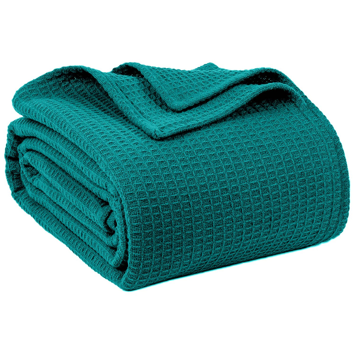 QUBA LINEN front view showing teal blanket on bed, adds color and comfort