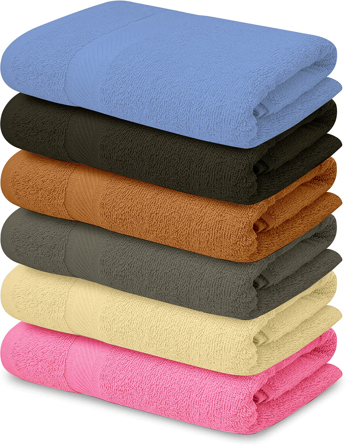 QUBA LINEN front view of six-pack towels showing colors and packaging benefit convenience