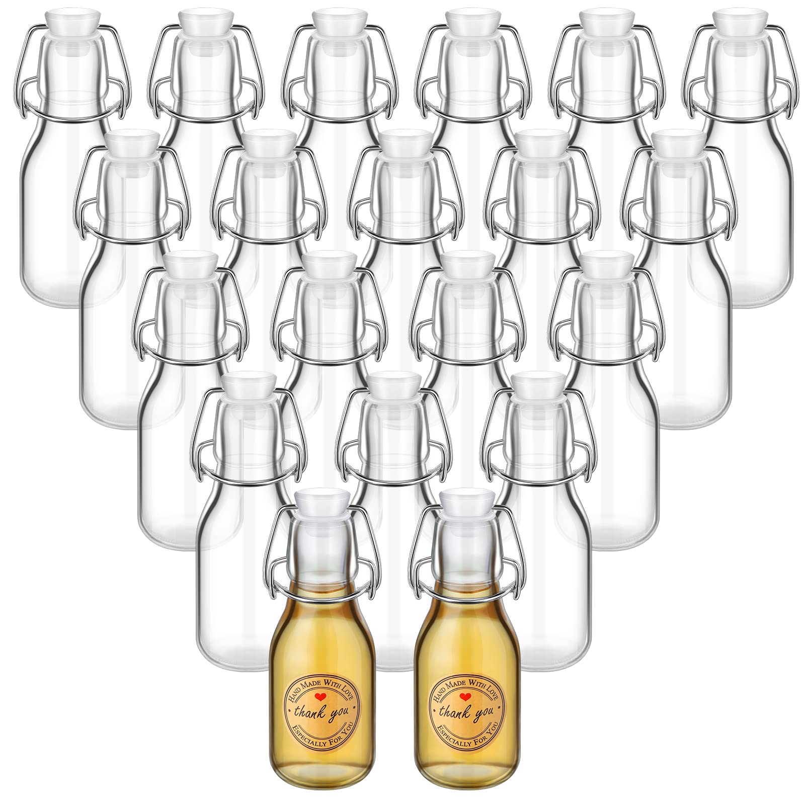 Queekay front pack of 20 mini swing top bottles showing full set and labels benefit tidy storage