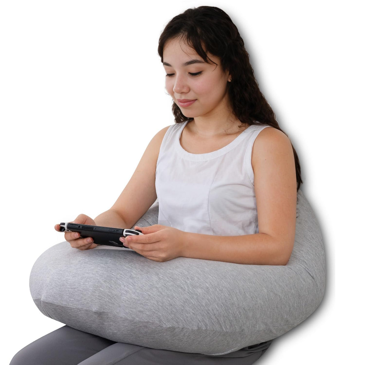 QUEEN ROSE front view showing cooling grey lap pillow and clear shape benefit
