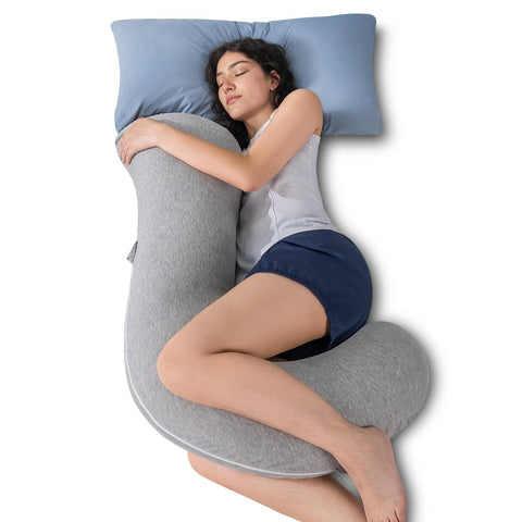 QUEEN ROSE front view of grey S-shaped pillow showing full-body support