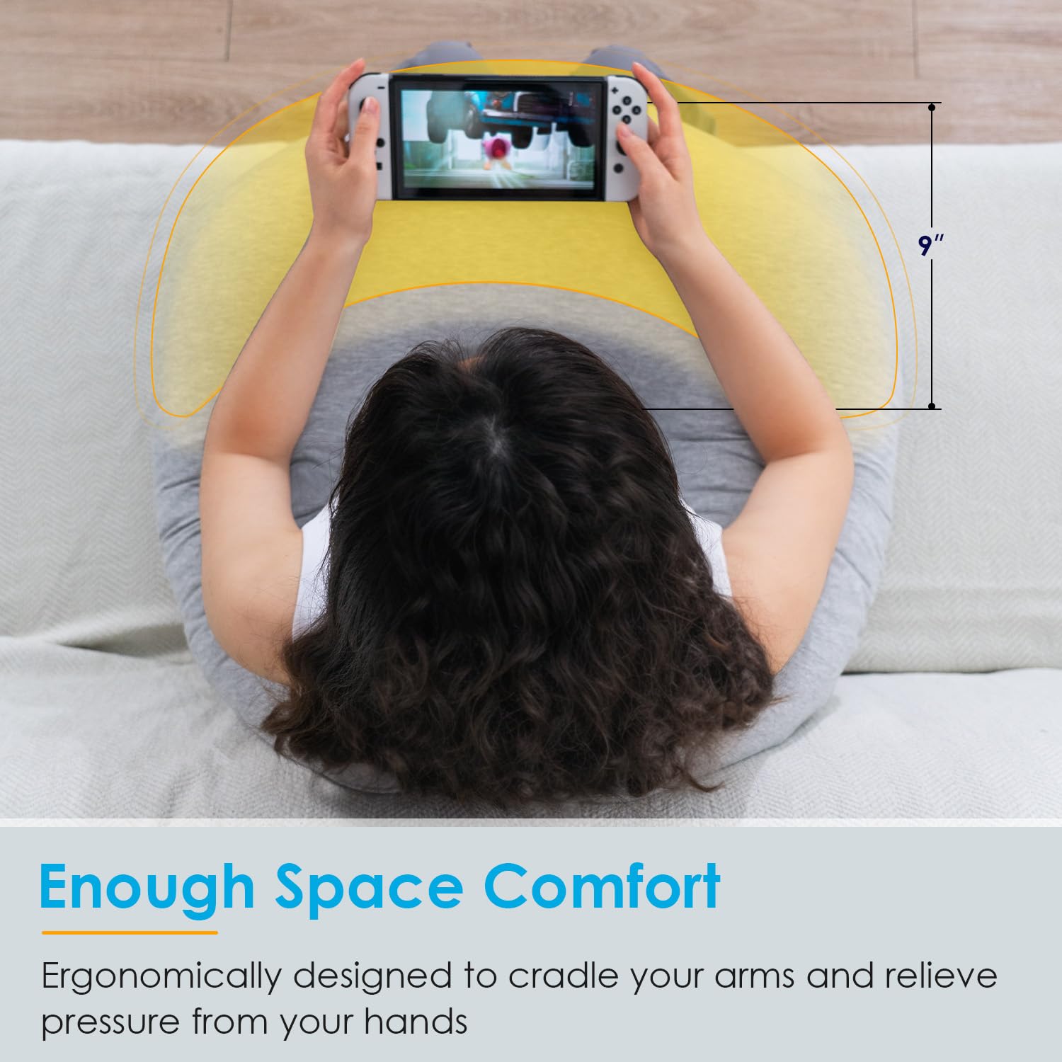 QUEEN ROSE pillow in use by reader providing wrist relief and support