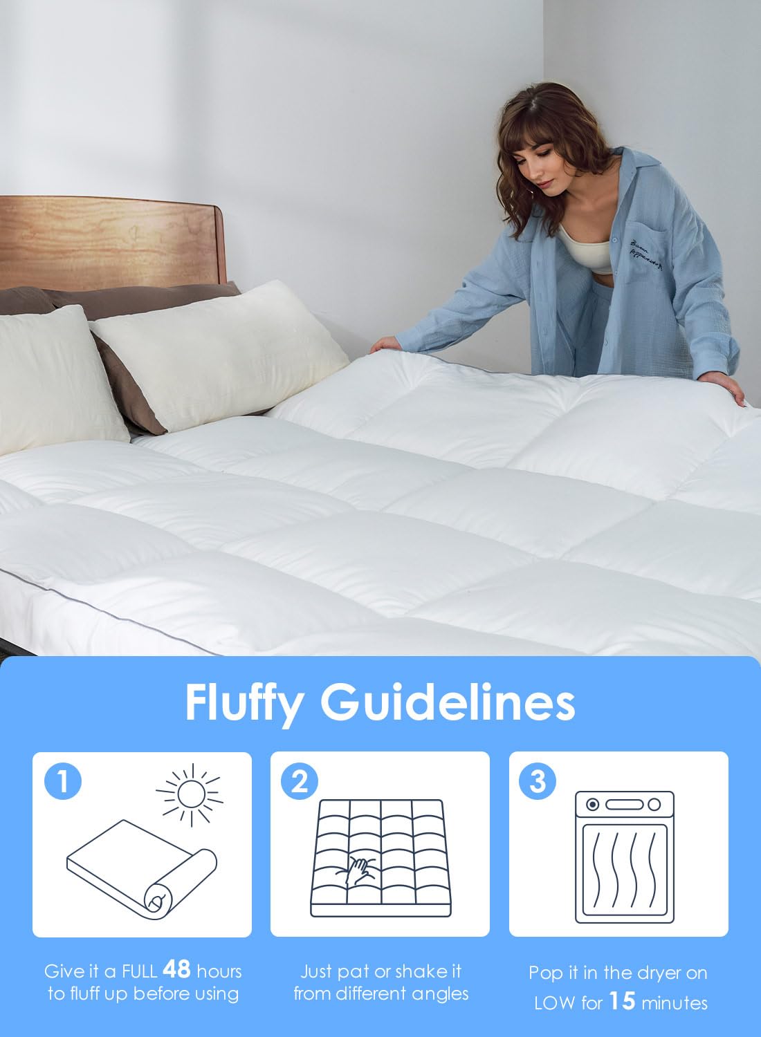 QUEEN ROSE mattress topper on bed in bedroom scene demonstrating plush comfort