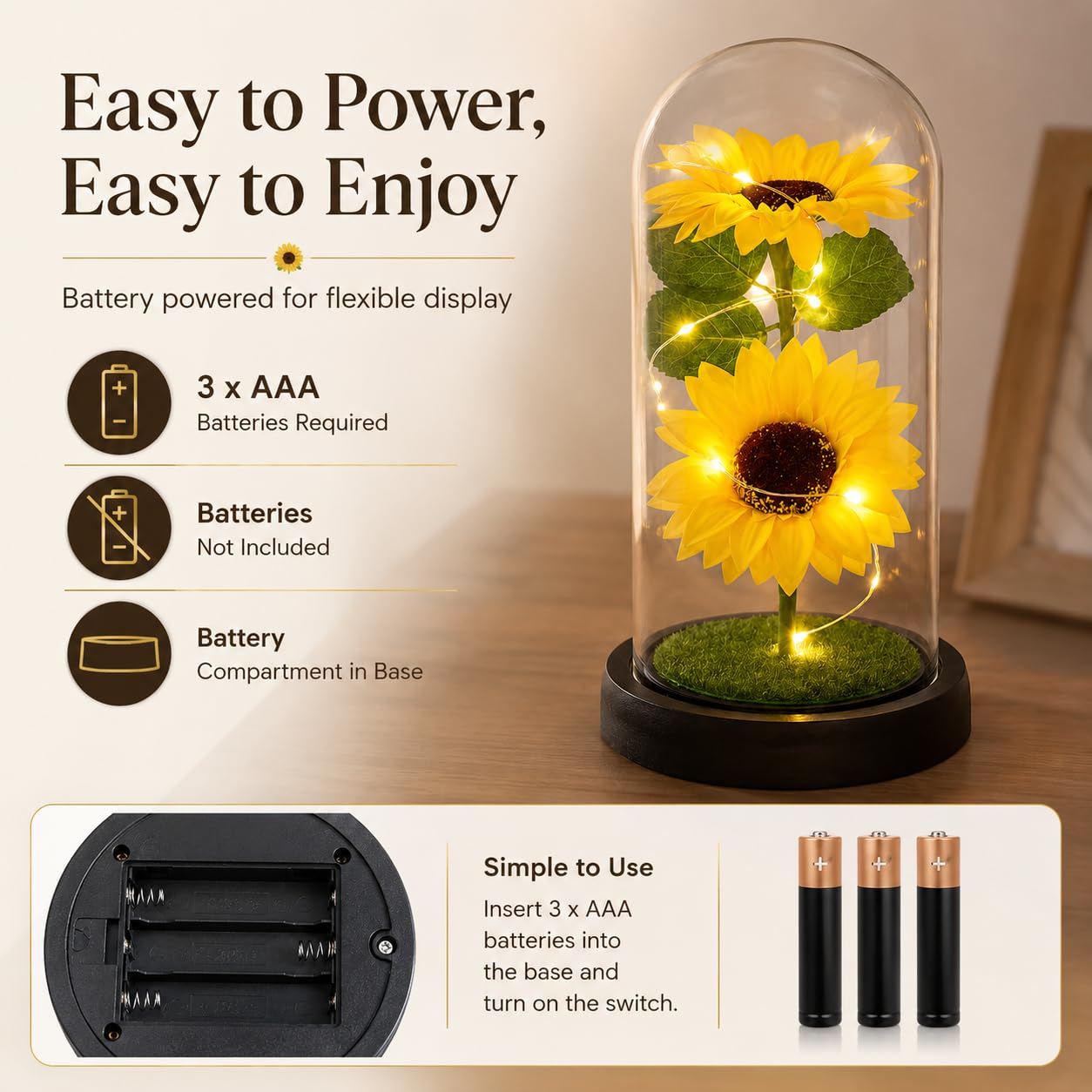 QUELIEN sunflower base and switch detail showing easy on-off operation