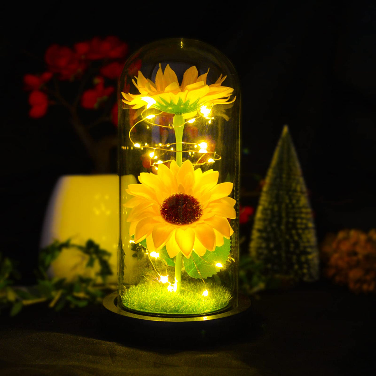 QUELIEN sunflower glass dome front view showing elegant gift-ready design