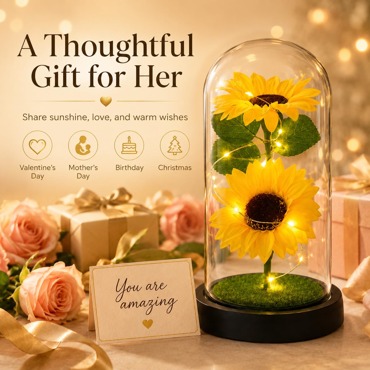QUELIEN sunflower lit at night with warm LED creating cozy ambiance