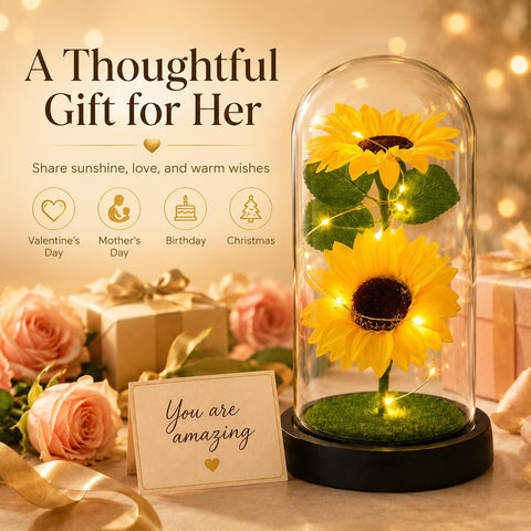 QUELIEN sunflower lit at night with warm LED creating cozy ambiance