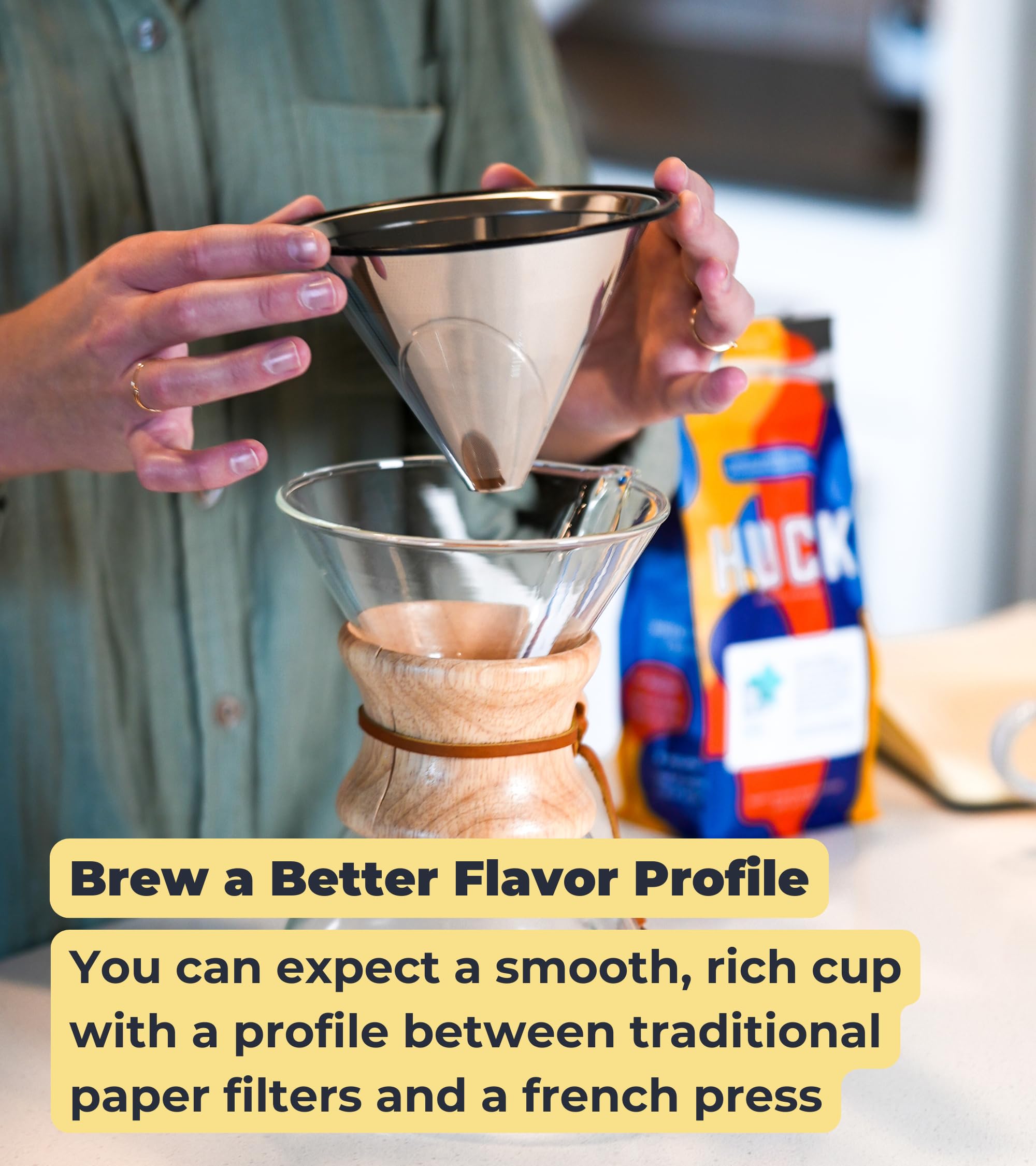 Quell seated in SimplyGoodCoffee brewer for plastic-free brewing convenience
