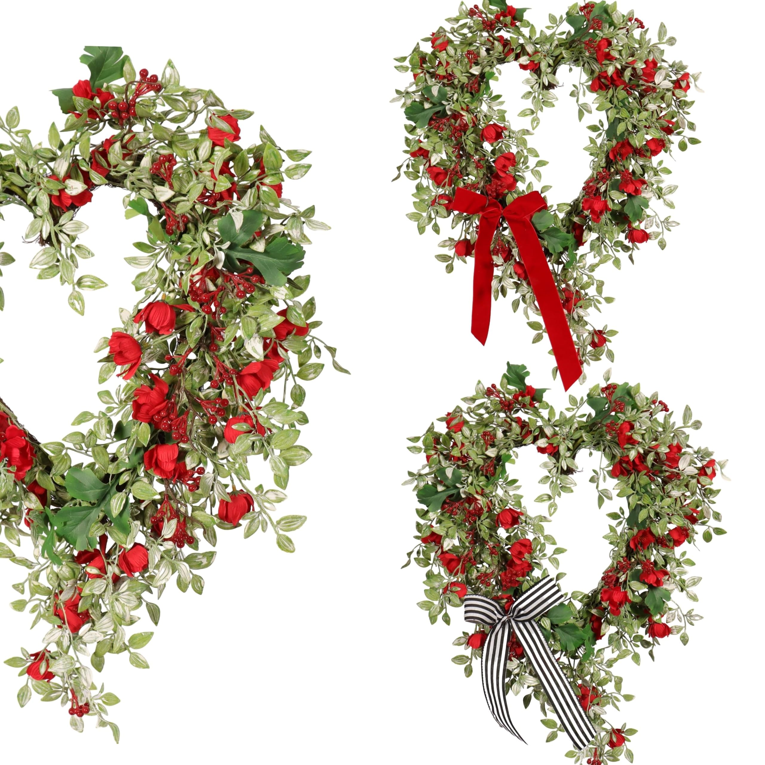 Quixem heart wreath front view showing vibrant red blooms and welcoming look
