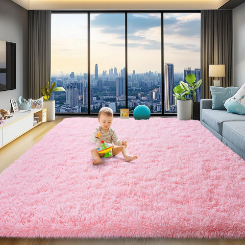 qulint front view of 8x10 pink rug showing full color and appeal, adds warmth