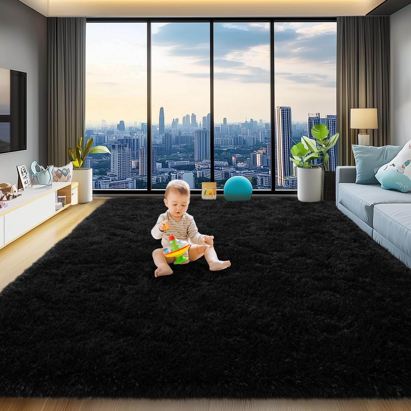 qulint front view 8x10 black rug shows modern styling and cozy comfort