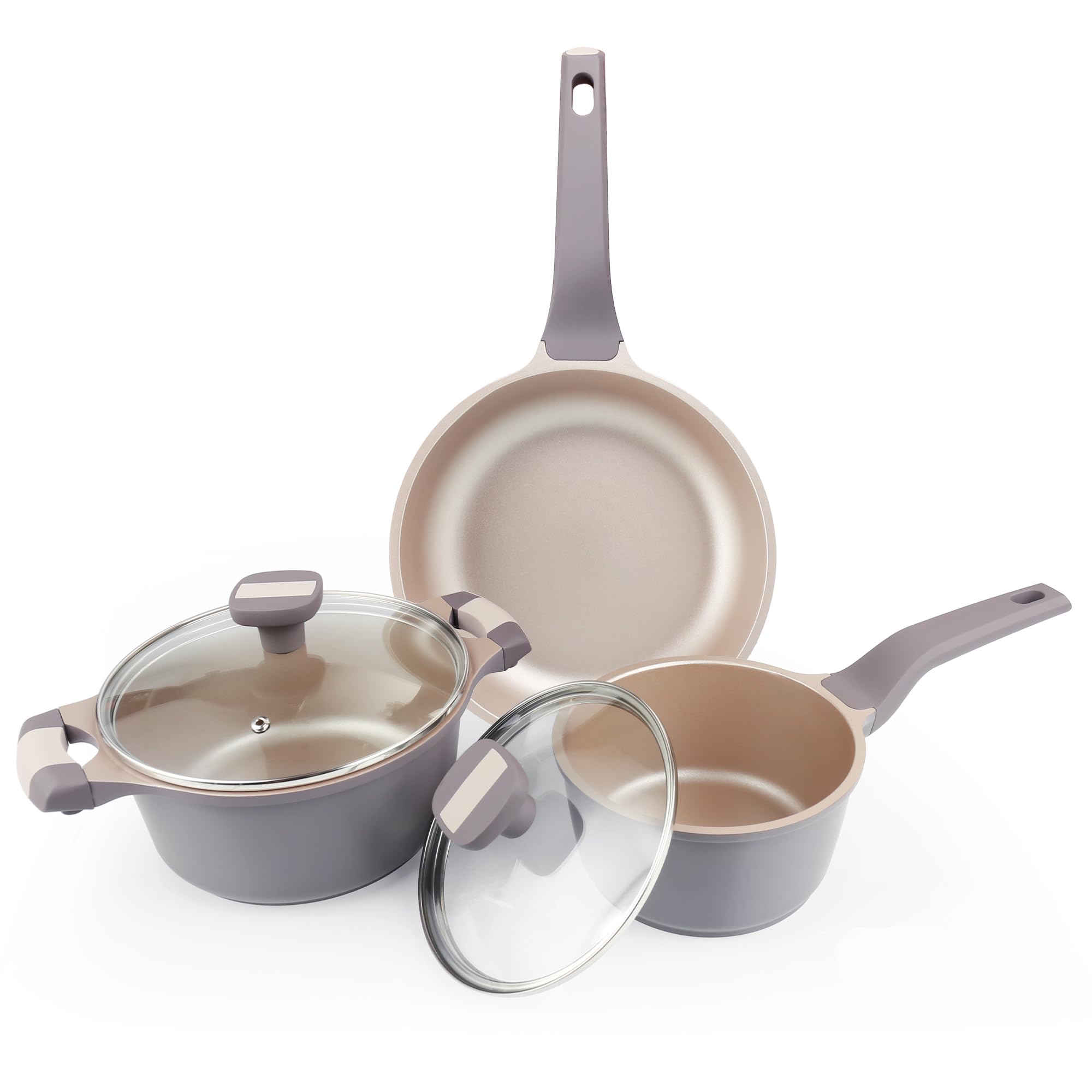Qupoilke front view of complete 5-piece set showing modern finish and compact storage benefit