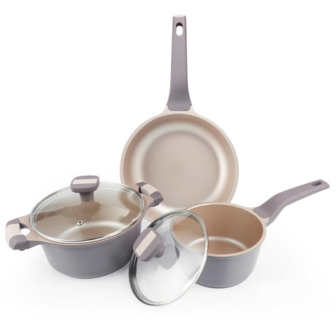 Qupoilke front view of complete 5-piece set showing modern finish and compact storage benefit