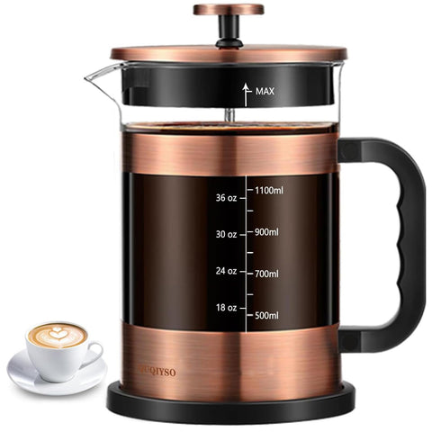 QUQIYSO front view of French press showing full 51oz carafe and handle benefit clarity