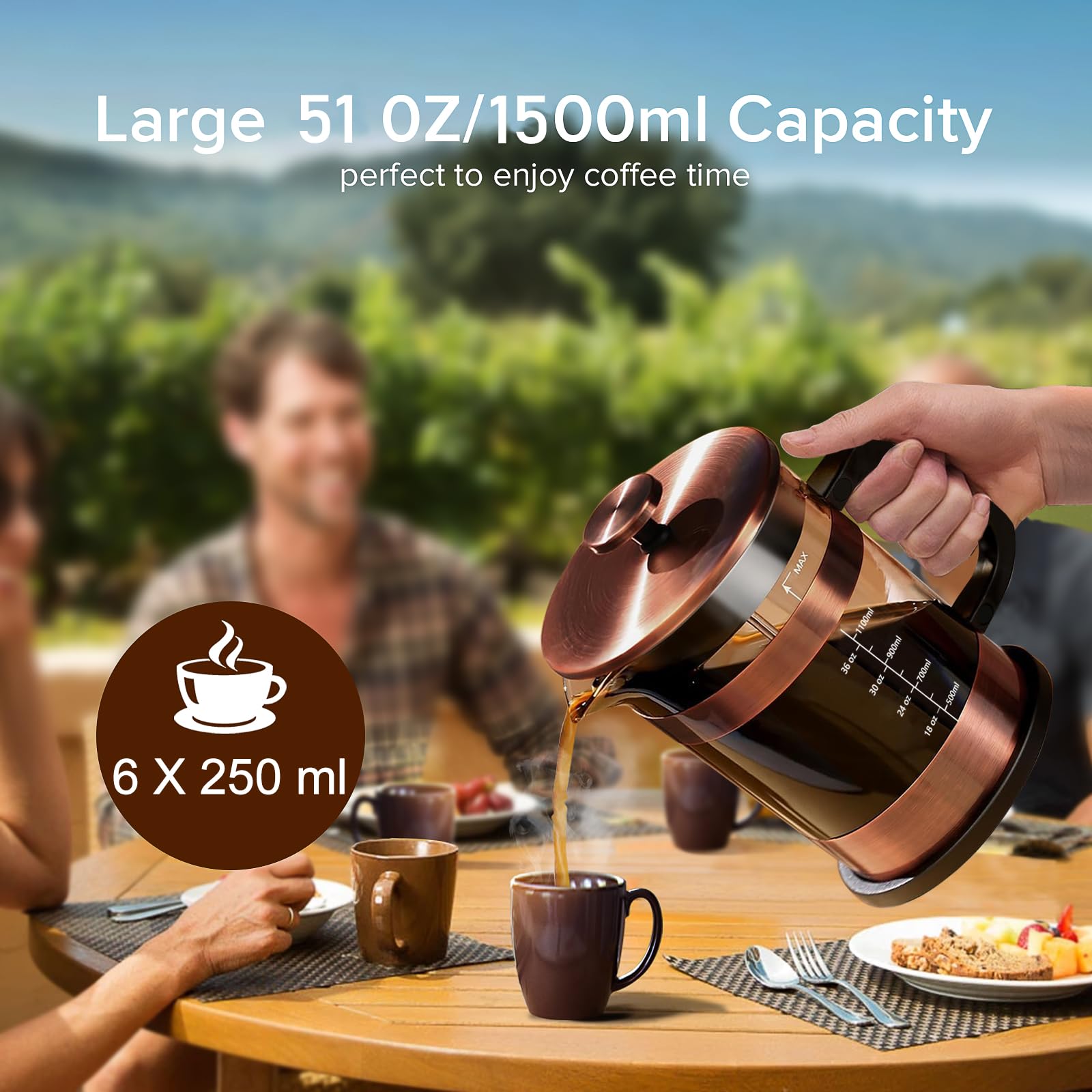 QUQIYSO lifestyle kitchen setting with French press on counter highlighting everyday convenience