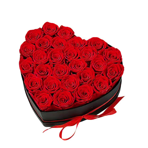 Qutawua heart-shaped box front view showcasing 27 red roses, elegant gift appeal