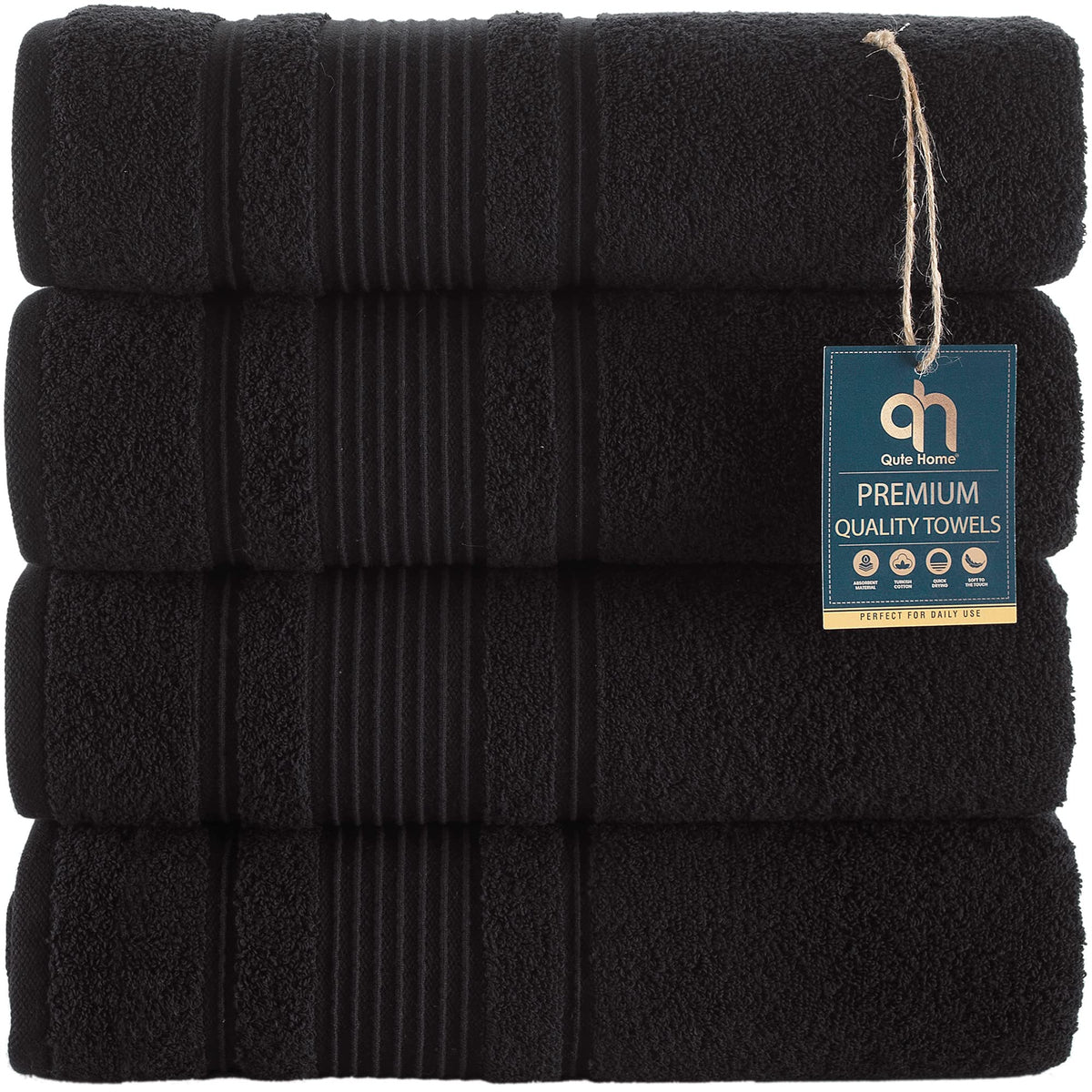 Qute Home folded black towels front view showing plush luxury and neat presentation