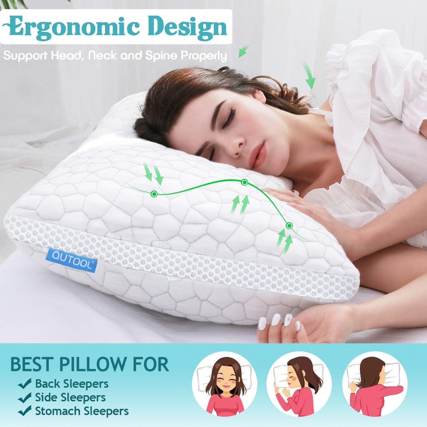 QUTOOL hands adjusting pillow loft to customize height and firmness