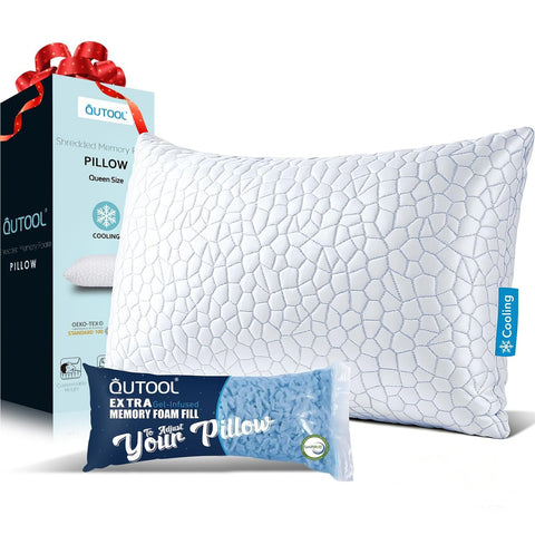 QUTOOL front view of queen pillow showing cooling cover and neat packaging, comfortable nights