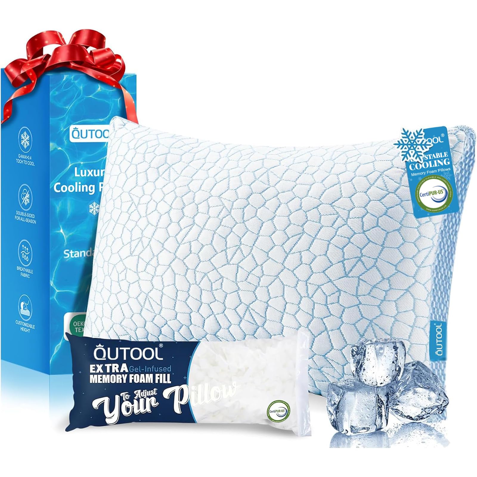 QUTOOL front view of cooling pillow showing neat cover and comfort benefit