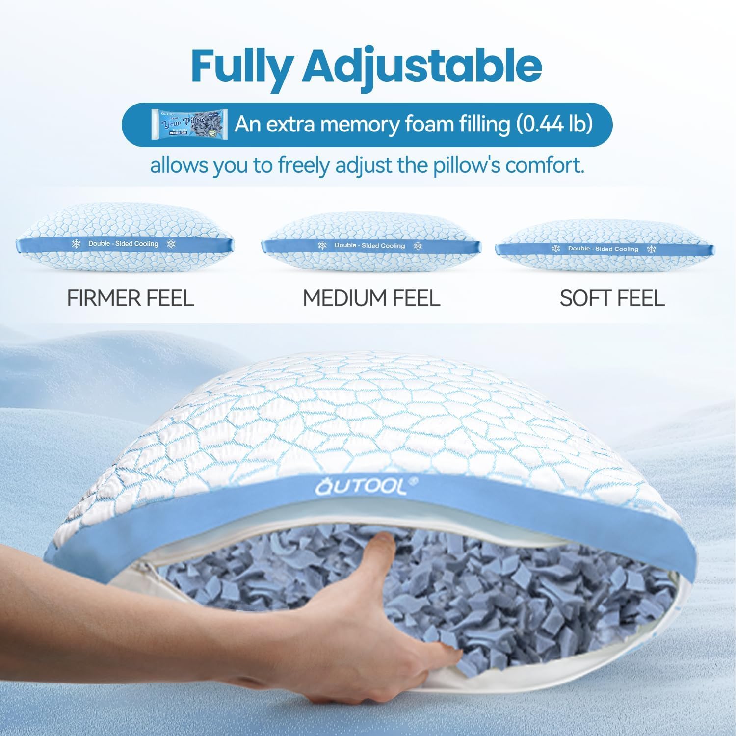 QUTOOL pillows styled on bed in bedroom scene offering cooler sleep ambiance