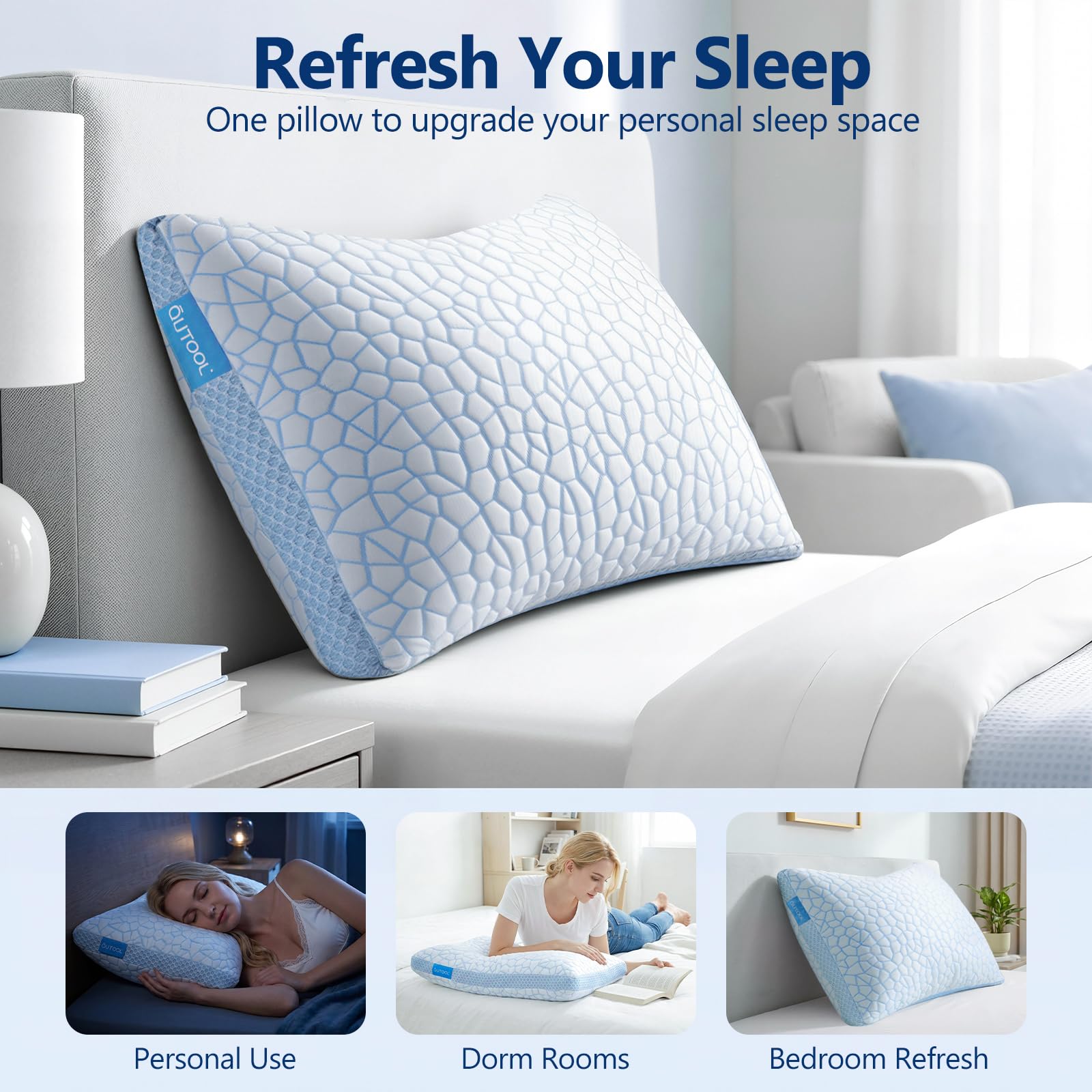 QUTOOL pillow on made bed demonstrating cool, comfortable sleep benefit